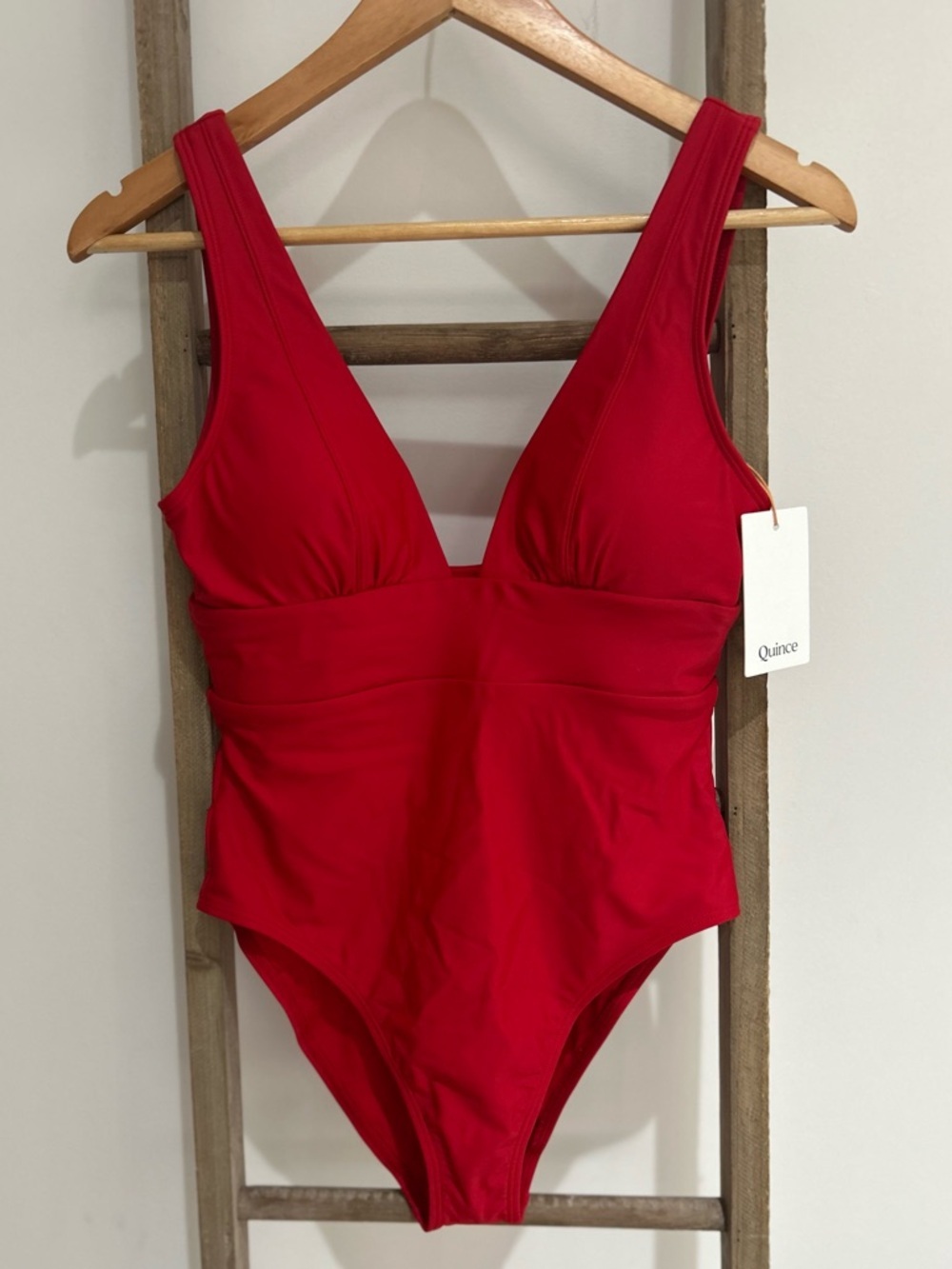 Quince Italian Plunge Cherry Red One-Piece Swimsuit Size S NWT Timeless Classic - Picture 1 of 4